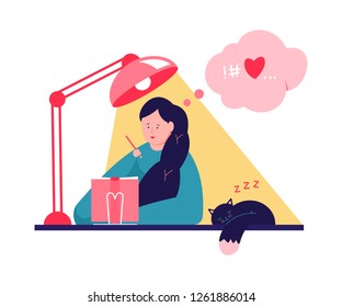 Cute Girl Writing In Journal Or Diary. Vector Cartoon Illustration With Woman At The Table And Sleeping Cat.
