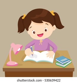 Cute Girl Writing And Thinking Be Happy. Vector Illustration Of A Little Girl Writing At His Desk.