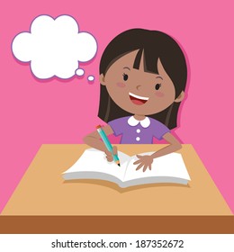 Cute Girl Writing And Thinking. Vector Illustration Of A Little Girl Writing At His Desk.