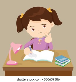 Cute Girl Writing And Thinking. Vector Illustration Of A Little Girl Writing At His Desk.