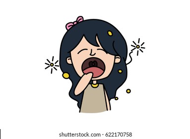 Cute Girl Yawning. Vector Illustration. Isolated on white background.