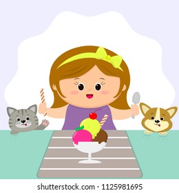 A cute girl with an yellow bow sits at a table and eats an ice cream. A cat and a dog are watching. Cartoon style, flat, vector.