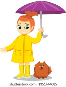 Cute girl in yellow cloak with spitz dog under umbrella.