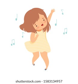 Cute Girl in Yellow Dress Singing and Dancing, Adorable Kid Having Fun and Enjoying Listening to Music Cartoon Vector Illustration