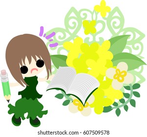 A cute girl and yellow flowers and memo