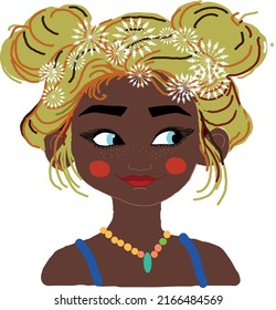 Cute girl with yellow hair color and with white flowers in her hairstyle. Vector file for designs.