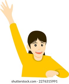 A cute girl in yellow happily raises her right hand