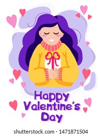 Cute girl in yellow sweater holding a gift box with hearts on purple background. Happy Valentines Day card. Vector cartoon style