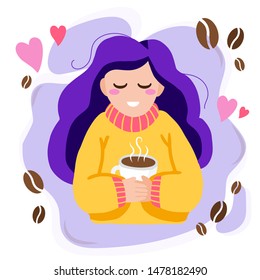 Cute girl in yellow sweater holding a hot cup of coffee with hearts on purple background. Vector flat cartoon style