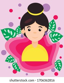 
Cute girl in a yellow sweater on a background of tropical leaves