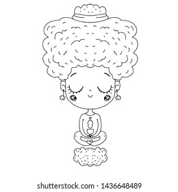 Cute girl in yoga pose with a cup of tea. Black and white illustration for posters and cards. Coloring book for children