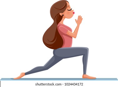 Cute Girl in Yoga Pose Illustration. Vector drawing of a fitness woman in Pilates position on yoga mat
