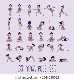 Cute Girl In Yoga Poses Doodle Purple Set.