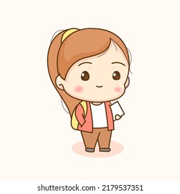 Cute girl young student. Chibi cartoon character. Flat vector illustration