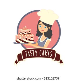 Cute girl or young woman baker holding a delicious chocolate cake. Vector character illustration. Ribbon with an inscription tasty cake