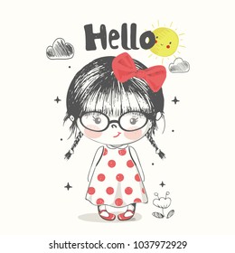 Cute Girl.cartoon hand drawn vector illustration. Can be used for baby t-shirt print, fashion print design, kids wear, baby shower celebration greeting and invitation card.