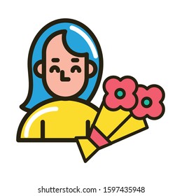 cute girlfriend with bouquet of flowers vector illustration design