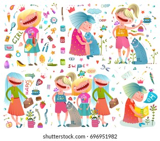 Cute Girlfriends Girlish Cartoon Colorful Collection. Little girls group hugging, reading, with cat, friendship funny watercolor style clip art cartoon design set. Vector illustration.