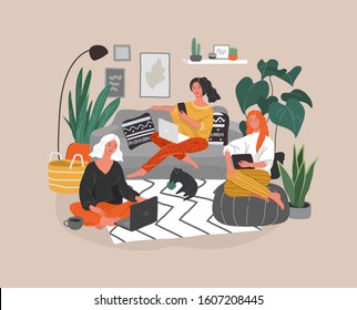 Cute girlfriends sitting with laptop in cozy scandinavian home interior. Gadget addiction concept. Girls spending time online. Daily life of social media networks user. Cartoon vector illustration