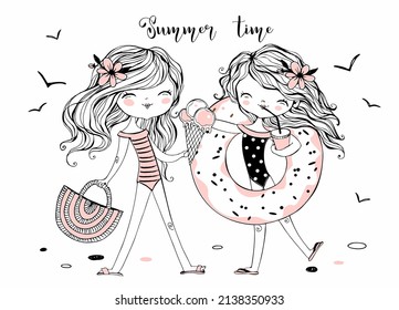 Cute girlfriends in swimsuits on the beach. Summer time. Vector.