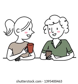 Cute girlfriends talking and smiling together. Happy girl drinking tea or coffee together with friend in a coffee shop. Girl talk.