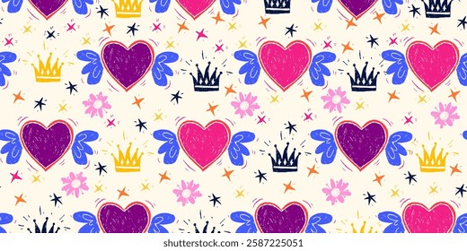 Cute Girlish Abstract Seamless Pattern with Love Symbols, Flowers, Crowns and Stars. Colorful wallpaper hand drawn with pencil. Crayon lovely doodles 