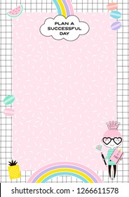 Cute Girlish Daily Planner template with little pricess, rainbow, sweets on memphis background. Cute office stationery. 