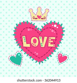 Cute girlish fashion illustration with hearts and crown, vector template for girls t shirt print design