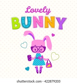 Cute girlish illustration, funny fashion kids print, cute bunny girl with bag and phone, fancy girlish vector template for t shirt prints