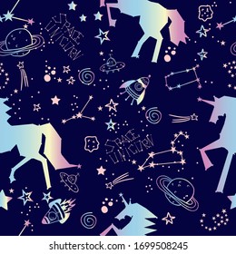 Cute girlish pattern with stars and unicorn. unicorn constellation in space. Seamless pattern for baby clothes, fashion, prints, wrapping paper.
