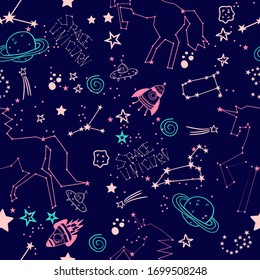 Cute girlish pattern and stars   unicorn  unicorn constellation in space  Seamless pattern for baby clothes  fashion  prints  wrapping paper 
