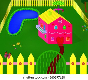 Cute girlish pink house in yard with pool. 3D cartoon vector illustration.