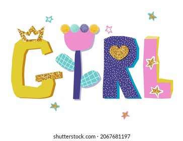 Cute girlish print with glitter elements. Vector hand drawn illustration.