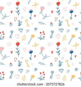 Cute girlish seamless pattern, delicate flowers, symbols, key, heart, magic wand, crystal, leaf. Trending colors, pantone palette