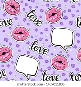 Cute girlish Seamless pattern. Flowers, lips, speech bubbles and inscription love on lilac background. Vector illustration