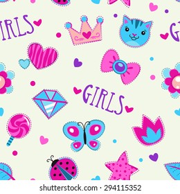 Cute girlish seamless pattern with funny doodle elements, vector texture