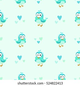 Cute girlish seamless pattern with funny cartoon blue girl bird. Vector texture.