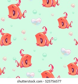 Cute girlish seamless pattern with funny red girl fishes and heart shape bubbles. Underwater cartoon texture.