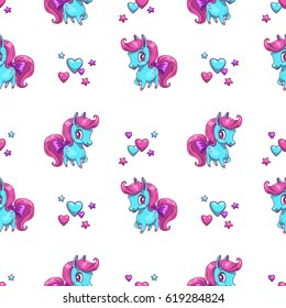 Cute girlish seamless pattern with little pretty horse and hearts. Vector texture for girls.