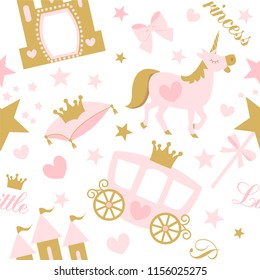 Cute girlish seamless pattern with royal carriage,castle and unicorn. Vector pink background with crown and star.Little princess party (birth, baby shower invite card) Nursery wallpaper and textile