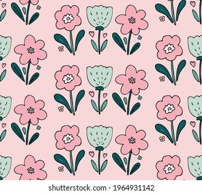 Cute girlish seamless pattern vector background with hand drawn floral elements - flowers and leaves in simple style black ink outline on pink background. sweet backdrop, design for children textile