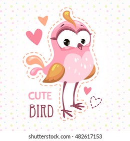 Cute girlish t shirt print template with funny pink bird. Vector childish illustration.