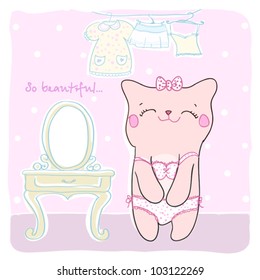 Cute girlish vector card with pretty smiling kitty in lingerie standing near mirror