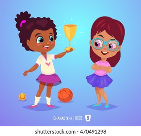 Cute Girls. Back to School isolated cartoon character on blue background. Girl with prize. Great illustration for a school books and more. VECTOR stock illustration.