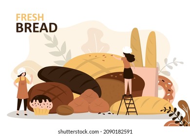 Cute girls bake different types of bread. Ciabatta, French baguette, buns and long loaf. Bakers prepare bakery products for sale. Women sell fresh baked goods in store. Trendy flat vector illustration