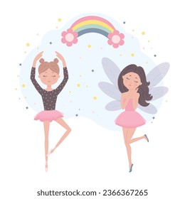 Cute girls ballerina and fairy dancing, fairy tale characters. Flat cartoon vector illustration.