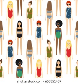 Cute Girls In Bikini Seamless Pattern On White Background. Summer Illustration With Multinational Women In Swimsuits. Fashion Design For Textile, Wallpaper, Fabric, Decor.