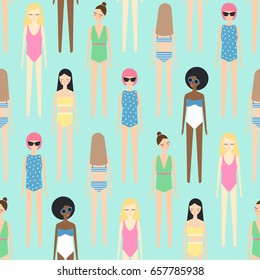 Cute girls in bikini seamless pattern on mint green background. Summer illustration with multinational women in swimsuits. Fashion design for textile, wallpaper, fabric, decor.