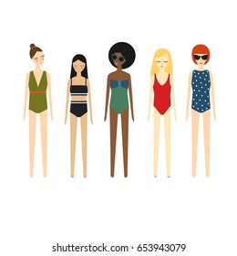 Cute girls in bikini set on white background. Summer illustration with multinational women in swimsuits. Fashion design card.