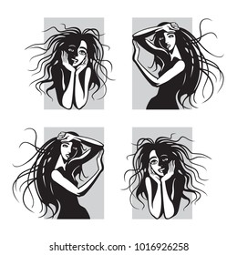 Cute girls with black long hair. Young women with fluttering hairstyles. Vector illustration, sketch, hand drawn graphic lines pictures.